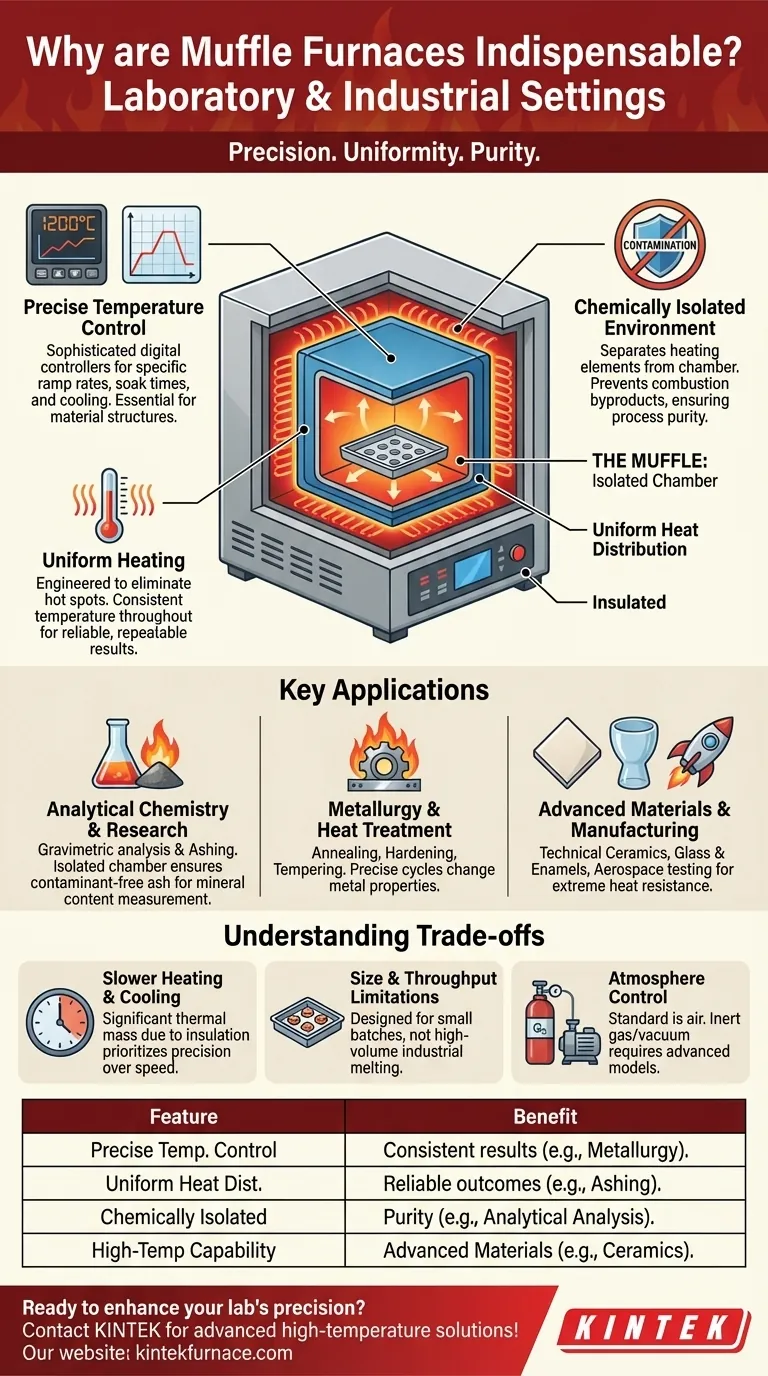 Why are muffle furnaces considered indispensable in laboratory and industrial settings? Discover Their Key Benefits for Clean, Controlled Heating Visual Guide