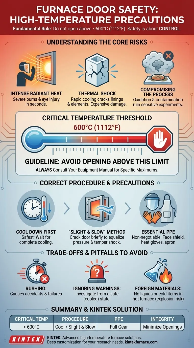 ما هي الاحتياطات التي تنطبق عند فتح باب الفرن في درجات الحرارة العالية؟ ضمان السلامة ومنع الضرر دليل مرئي