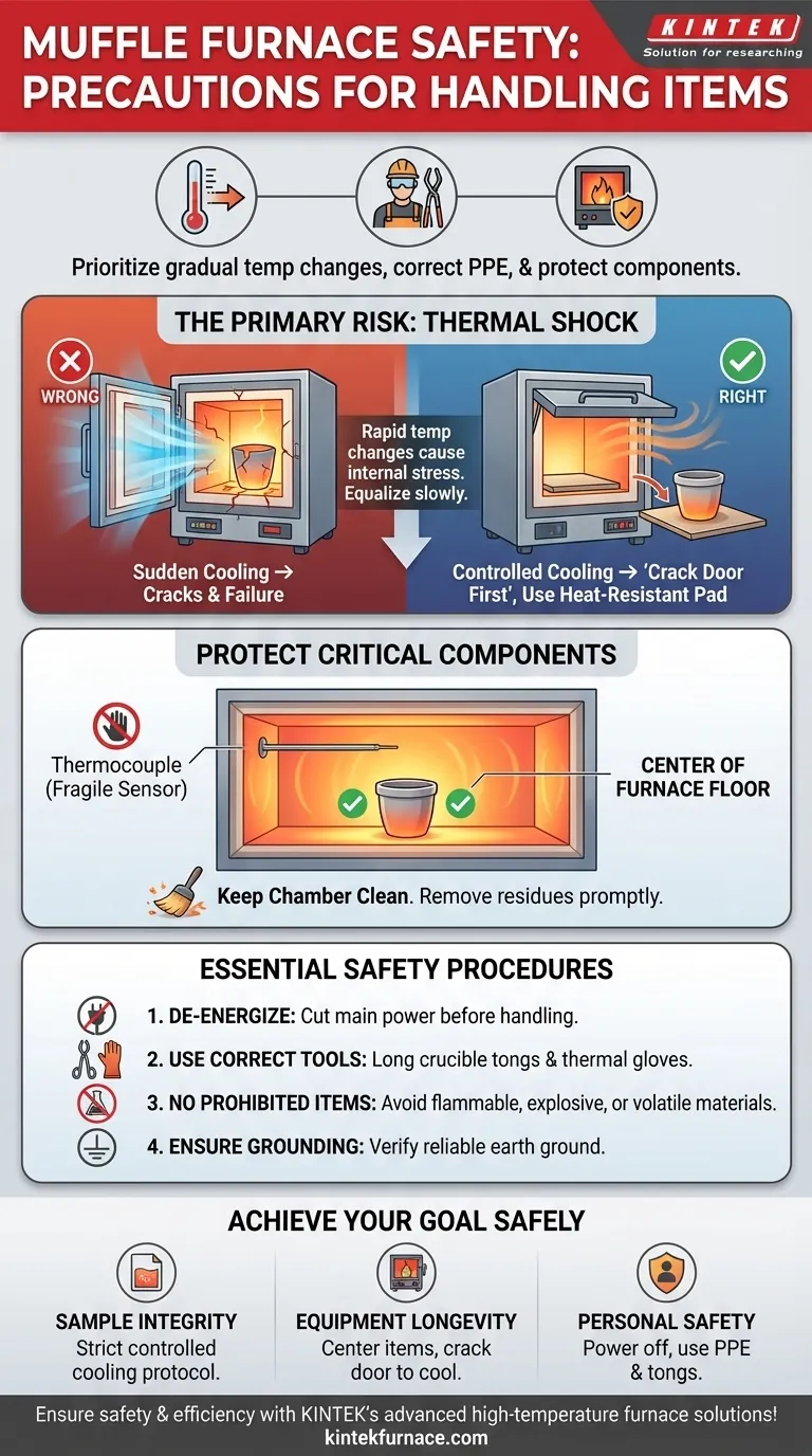 What precautions should be taken when handling items inside the muffle furnace? Ensure Safety and Protect Your Equipment Visual Guide