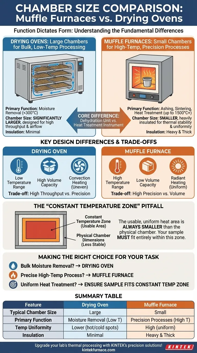 How do the chamber sizes of muffle furnaces and drying ovens compare? Key Differences Explained Visual Guide