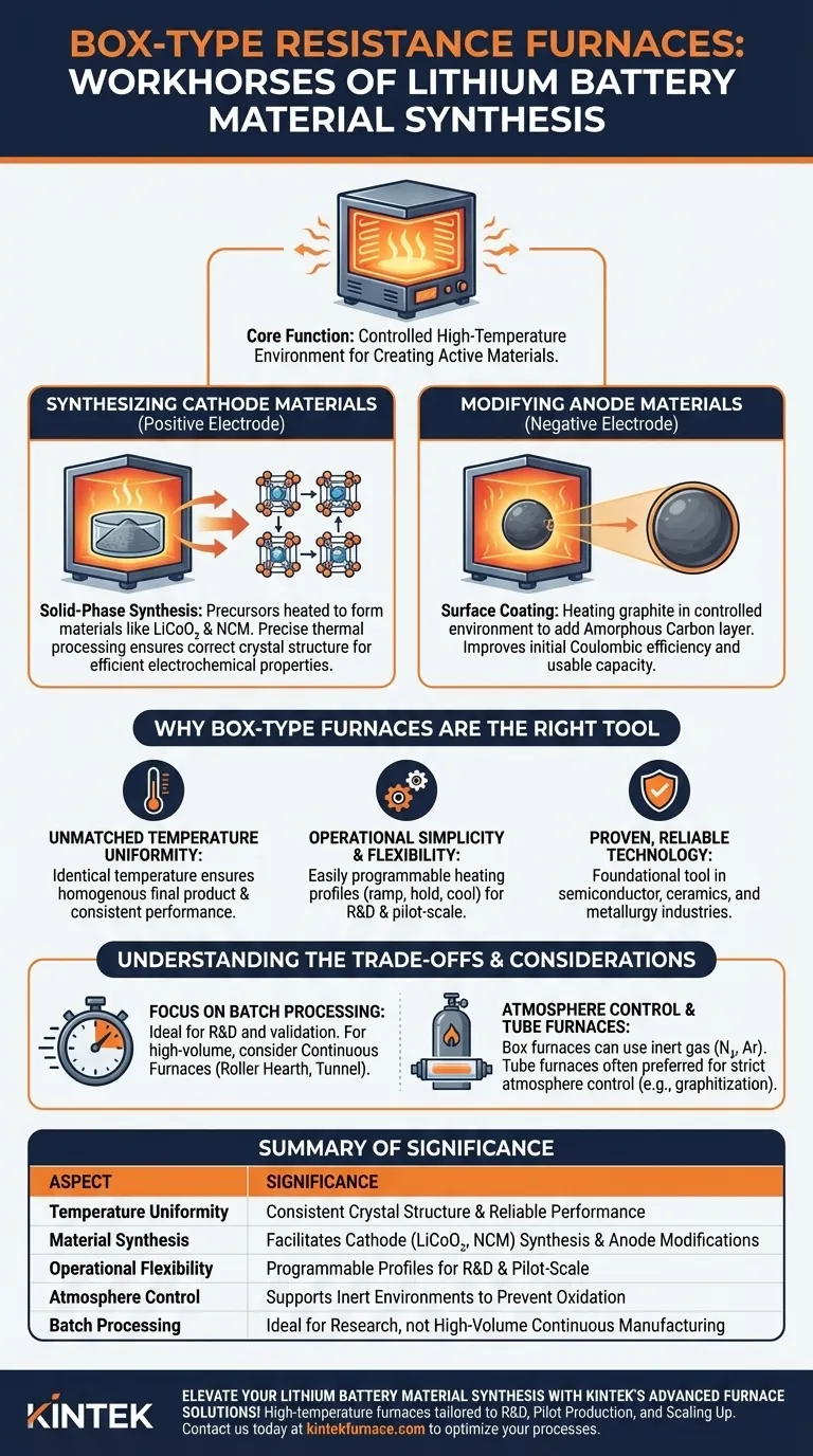 Qual é a importância dos fornos de resistência tipo caixa na síntese de materiais para baterias de lítio? Desbloqueie Precisão e Eficiência Guia Visual