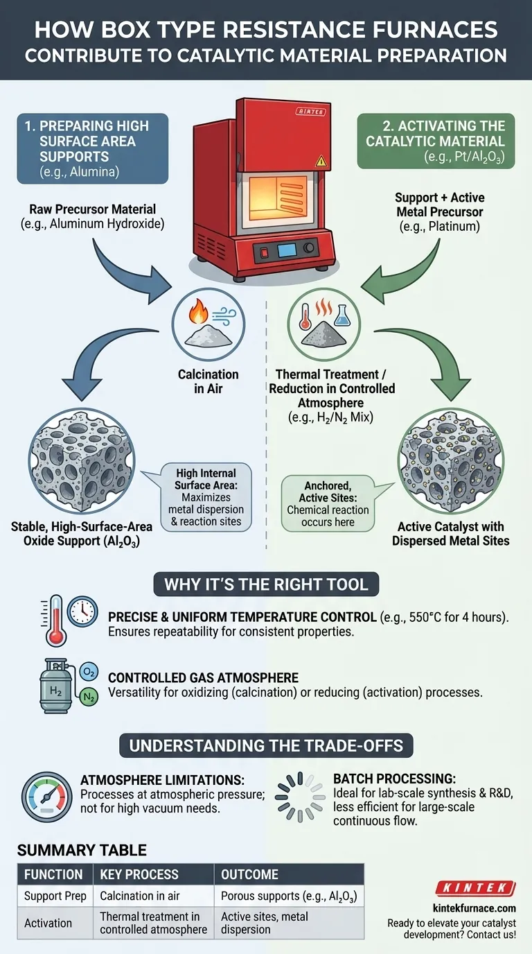 In che modo i forni a resistenza a scatola contribuiscono alla preparazione dei materiali catalitici? Sblocca la precisione nella sintesi dei catalizzatori Guida Visiva