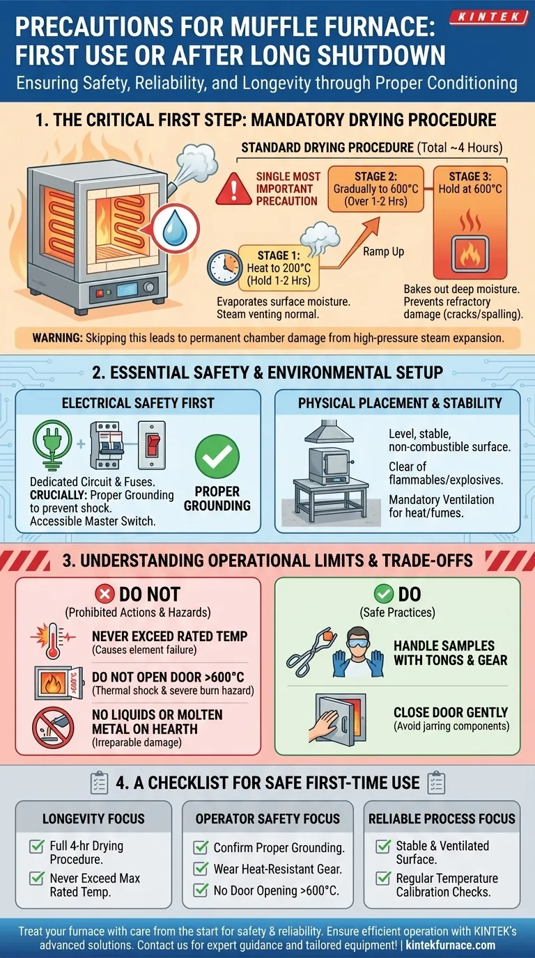 マッフル炉の初回使用時や長期間の停止後に取るべき注意点は何ですか？初回から安全で信頼性の高い操作を確保する ビジュアルガイド