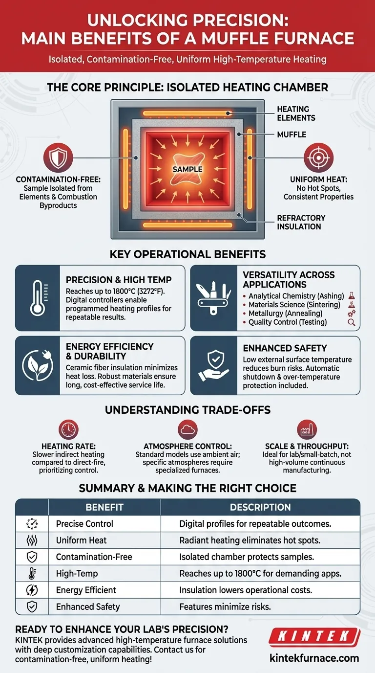 Quais são os principais benefícios de usar um forno mufla? Obtenha Aquecimento Preciso e Livre de Contaminação para o Seu Laboratório Guia Visual