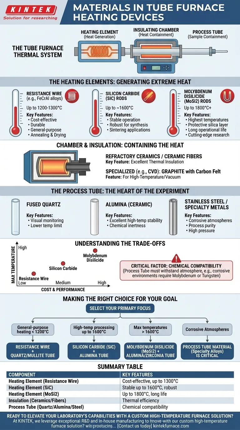 Quais materiais são comumente usados no dispositivo de aquecimento de um forno tubular? Otimize seus processos de alta temperatura Guia Visual