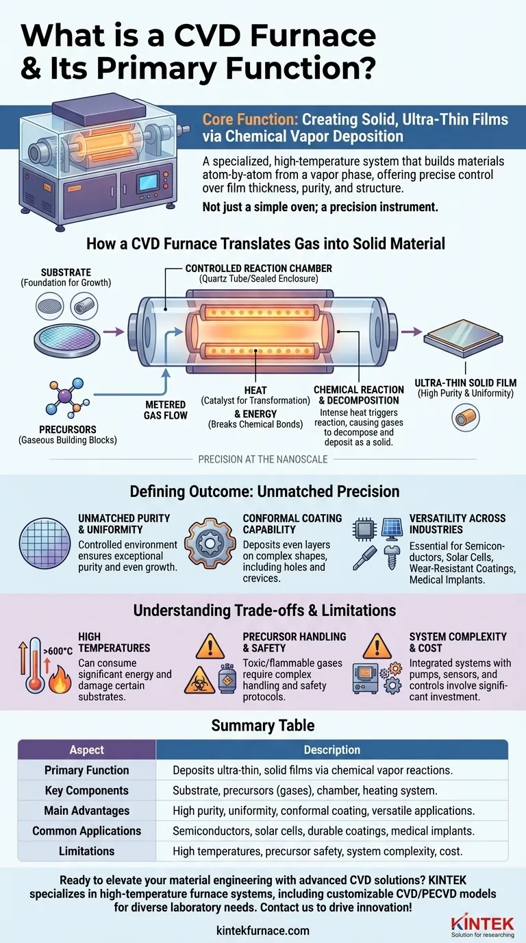 O que é um forno CVD e qual é a sua função principal? Descubra a Deposição de Películas Finas de Precisão Guia Visual