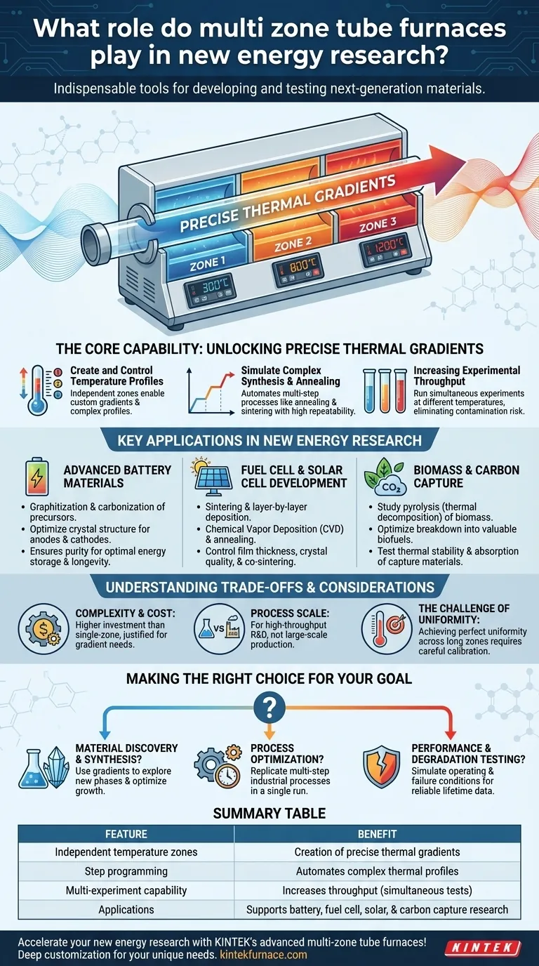 Welche Rolle spielen Mehrzonen-Röhrenöfen in der Forschung für neue Energien? Entsperren Sie präzise thermische Kontrolle für Innovationen Visuelle Anleitung
