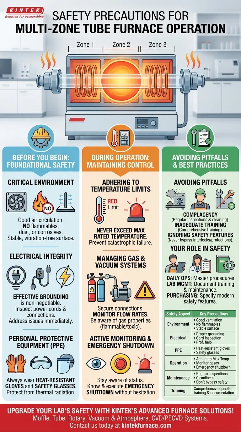 Quali precauzioni di sicurezza devono essere seguite durante l'utilizzo di una fornace a tubo multizona? Garantire operazioni di laboratorio sicure ed efficienti Guida Visiva