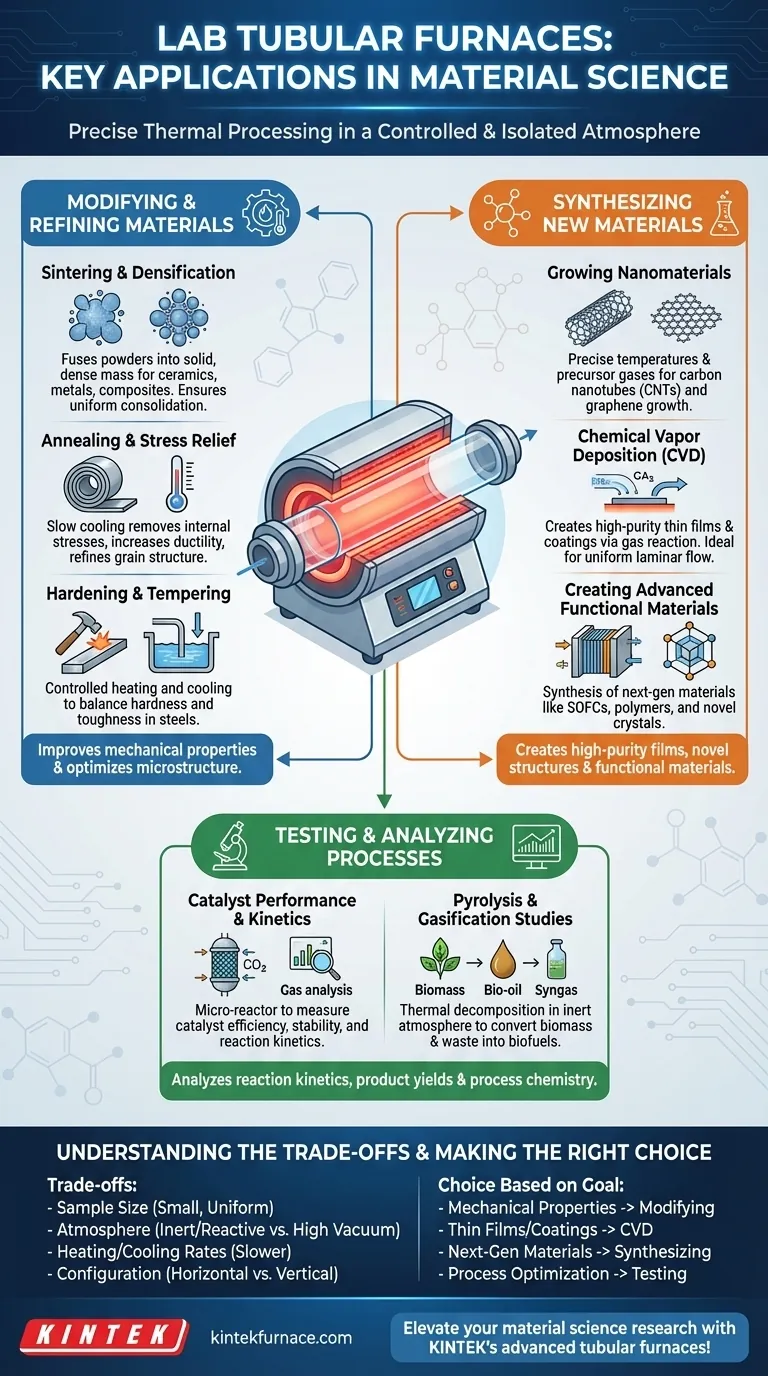 Quais são algumas aplicações comuns dos fornos tubulares de laboratório na ciência dos materiais? Desbloqueie a precisão no tratamento térmico e na síntese Guia Visual