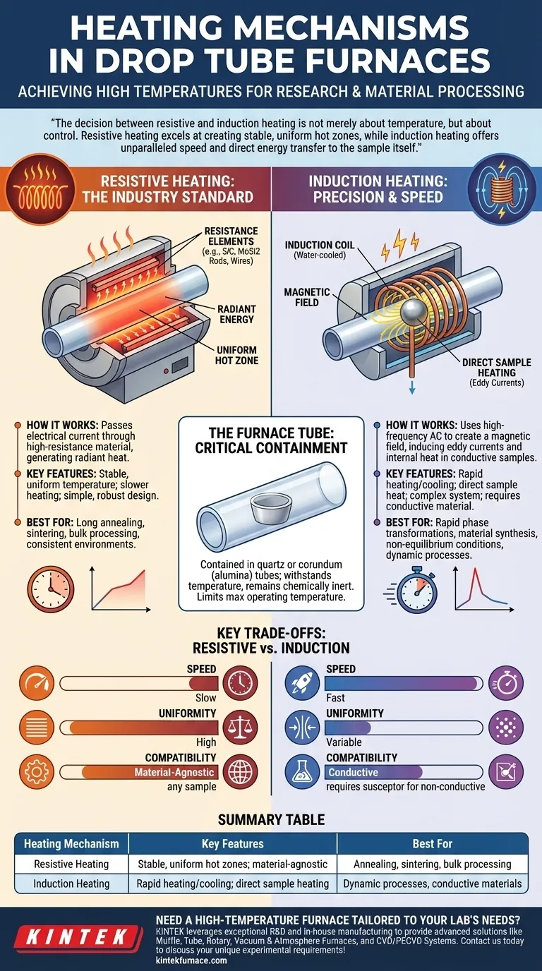 What types of heating mechanisms are employed in drop tube furnaces? Choose Between Resistive and Induction Heating Visual Guide