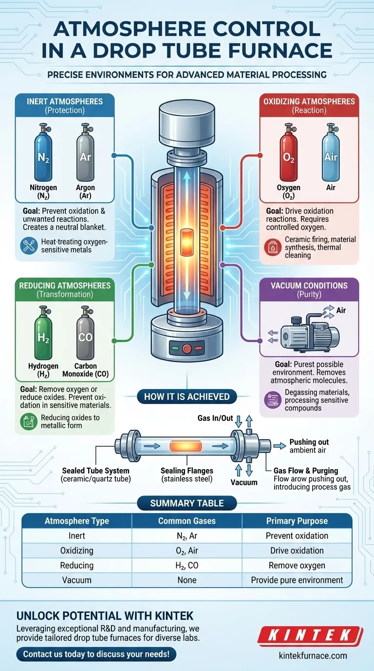 Que tipos de atmosferas podem ser controladas em um forno de tubo de queda? Domine o Controle Preciso de Gás para Materiais Superiores Guia Visual