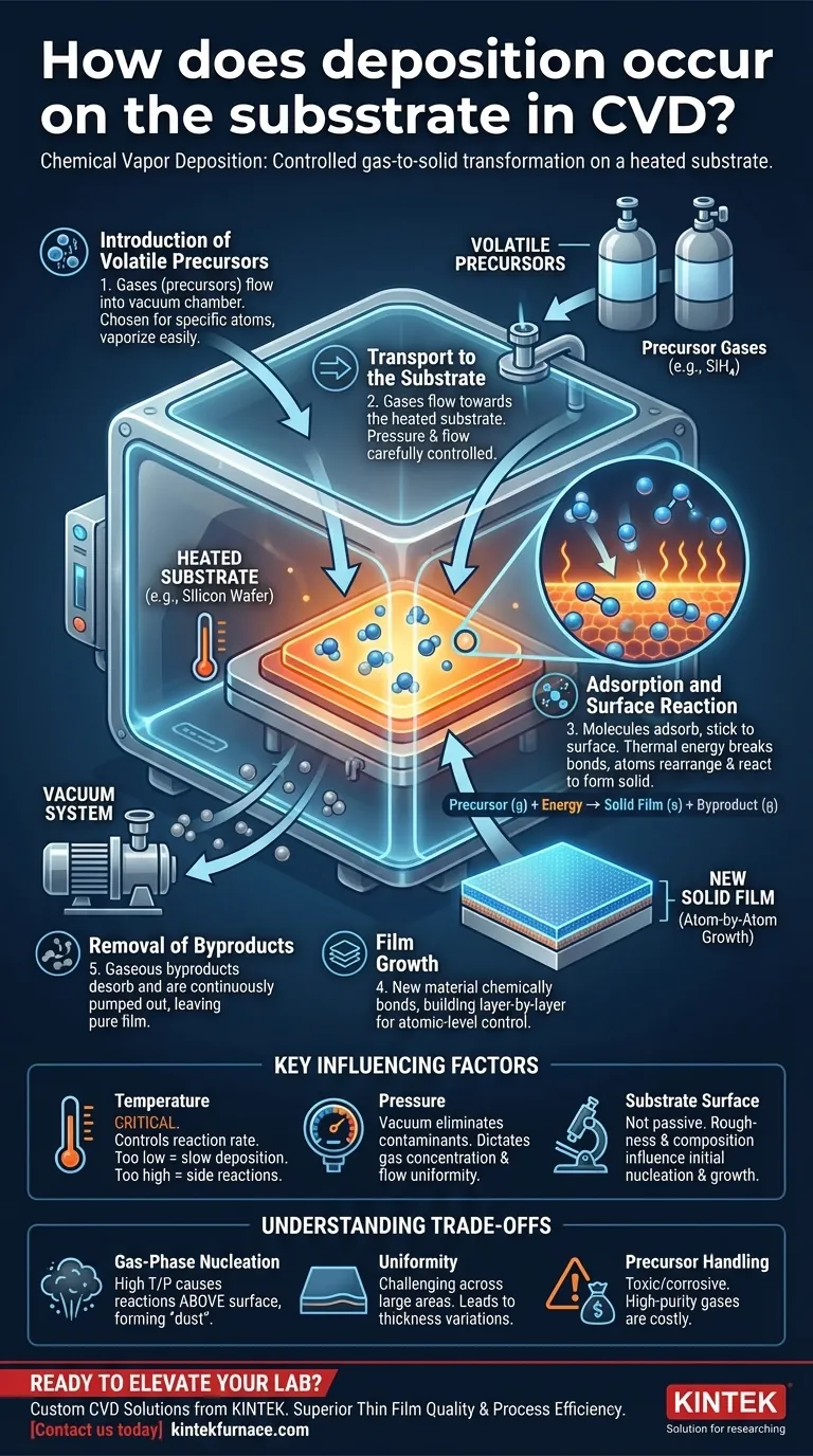 Como é que ocorre a deposição no substrato em CVD?Explicação da formação de películas finas de precisão Guia Visual