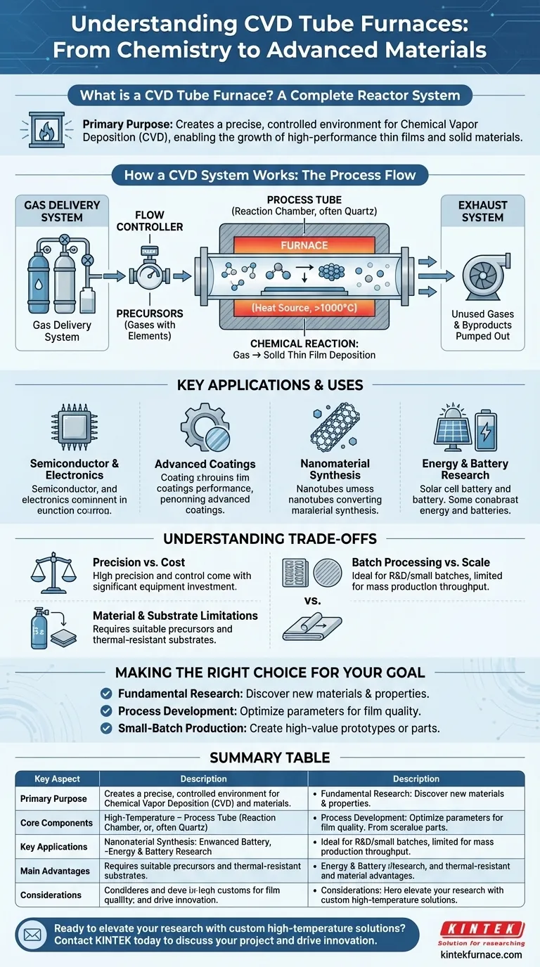 Cos'è un forno a tubo CVD e qual è il suo scopo principale? Sblocca la deposizione di film sottili di precisione Guida Visiva