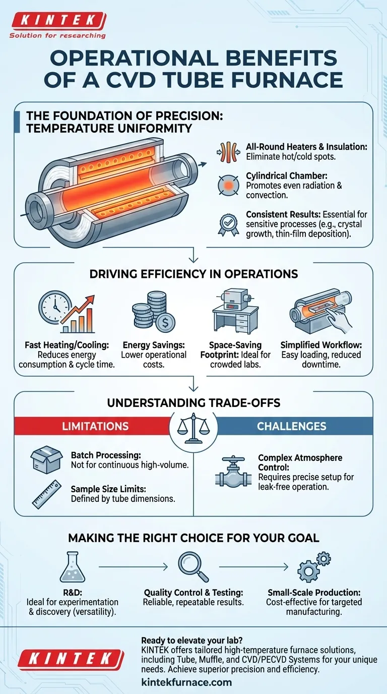 Quali sono i vantaggi operativi derivanti dall'utilizzo di un forno a tubo CVD? Aumenta la precisione e l'efficienza nel tuo laboratorio Guida Visiva