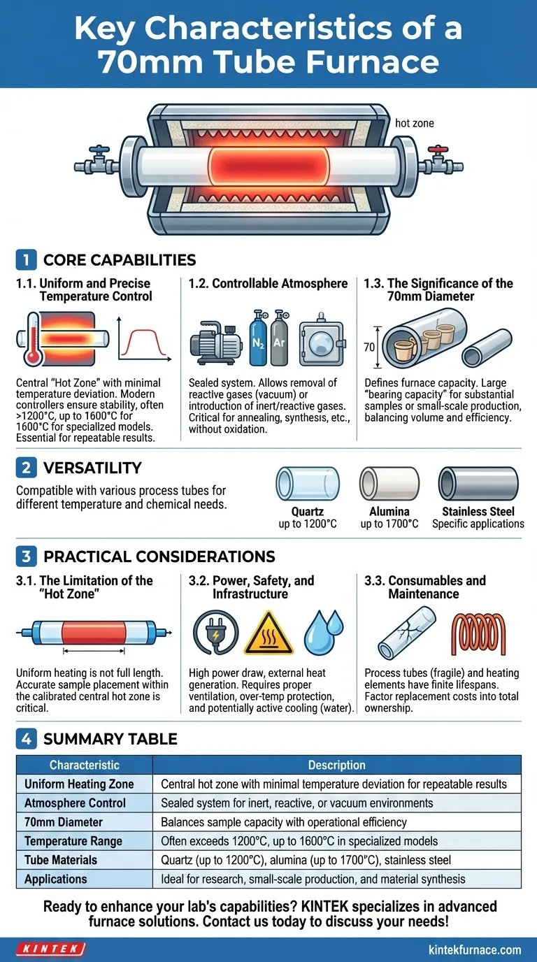 ما هي الخصائص الرئيسية لفرن أنبوبي بقطر 70 ملم؟ أطلق العنان للتسخين الدقيق لمختبرك دليل مرئي