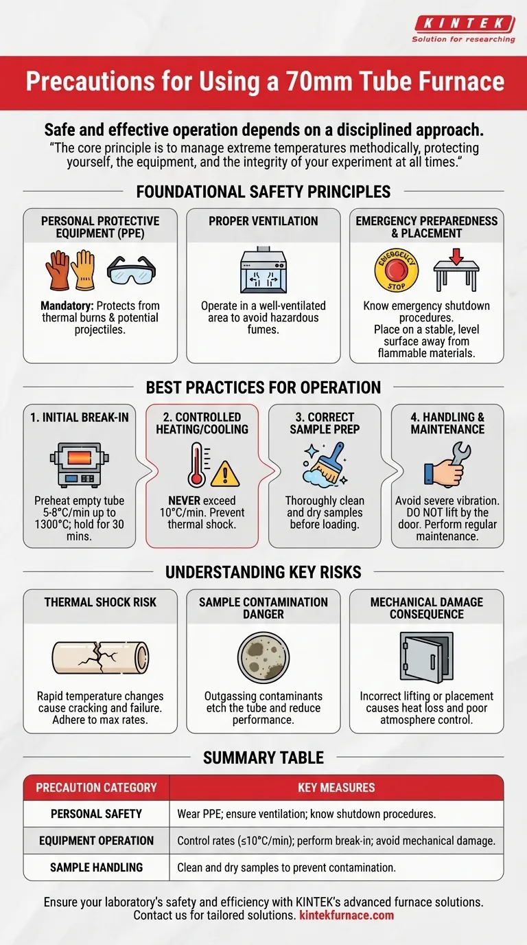 What precautions should be taken when using a 70mm tube furnace? Ensure Safety and Precision in High-Temp Experiments Visual Guide