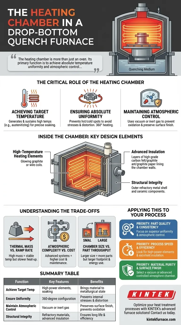 What is the function of the heating chamber in a drop-bottom quench furnace? Ensure Precise Heat Treatment for Superior Metallurgy Visual Guide