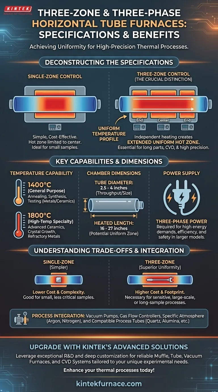 What are the specifications for three-zone and three-phase horizontal tube furnace models? Find the Perfect Fit for Your Lab Visual Guide