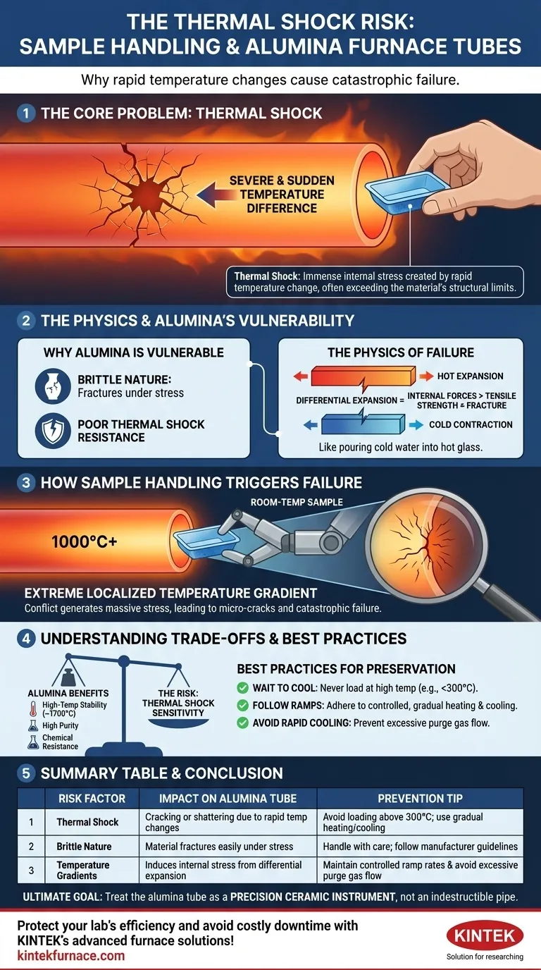 Por que o manuseio de amostras em altas temperaturas é um risco para o tubo do forno de alumina? Evitar Danos por Choque Térmico Guia Visual