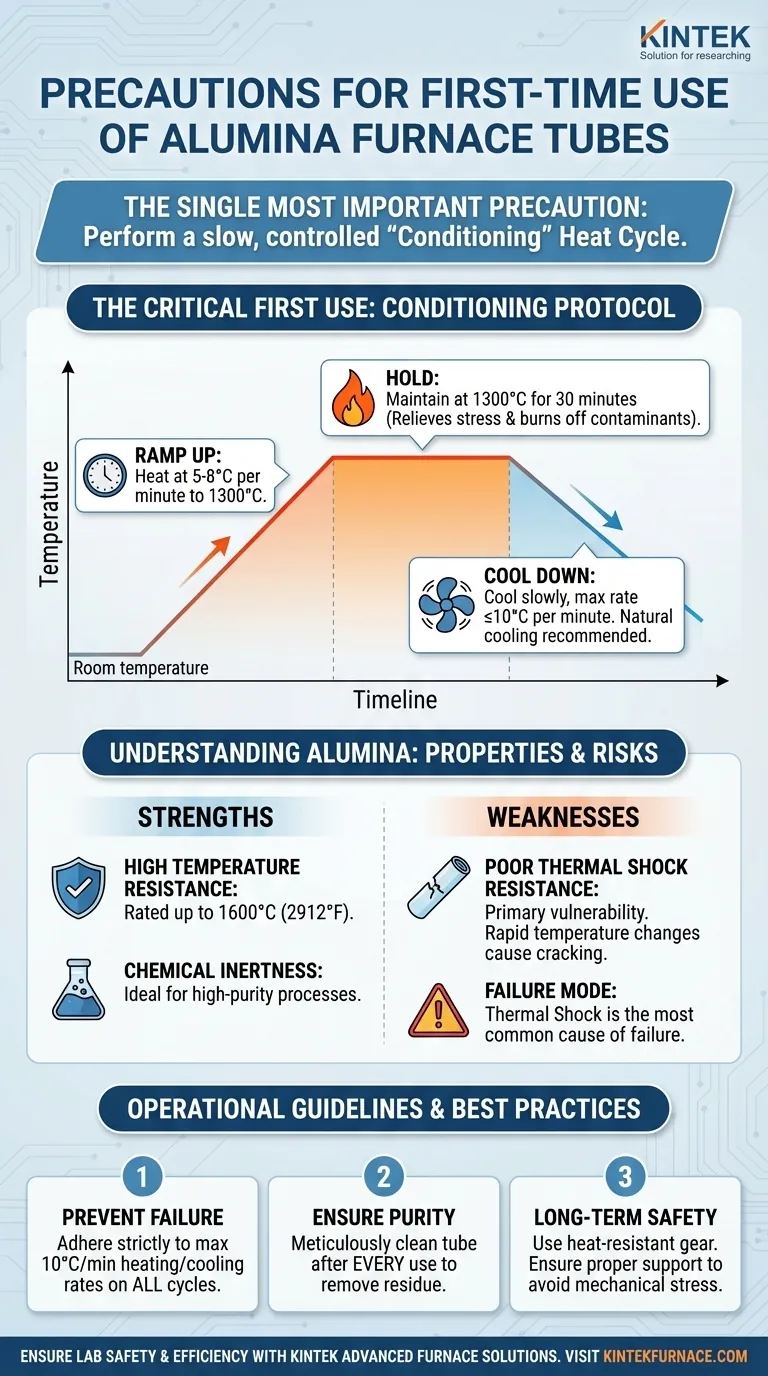 Que precauções devem ser tomadas ao usar o tubo de forno de alumina pela primeira vez? Garanta um Uso Inicial Seguro com o Condicionamento Adequado Guia Visual
