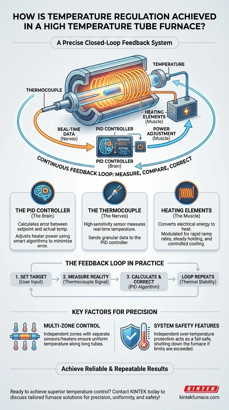 How is temperature regulation achieved in a High Temperature Tube Furnace? Master Precise Control for Your Lab Visual Guide