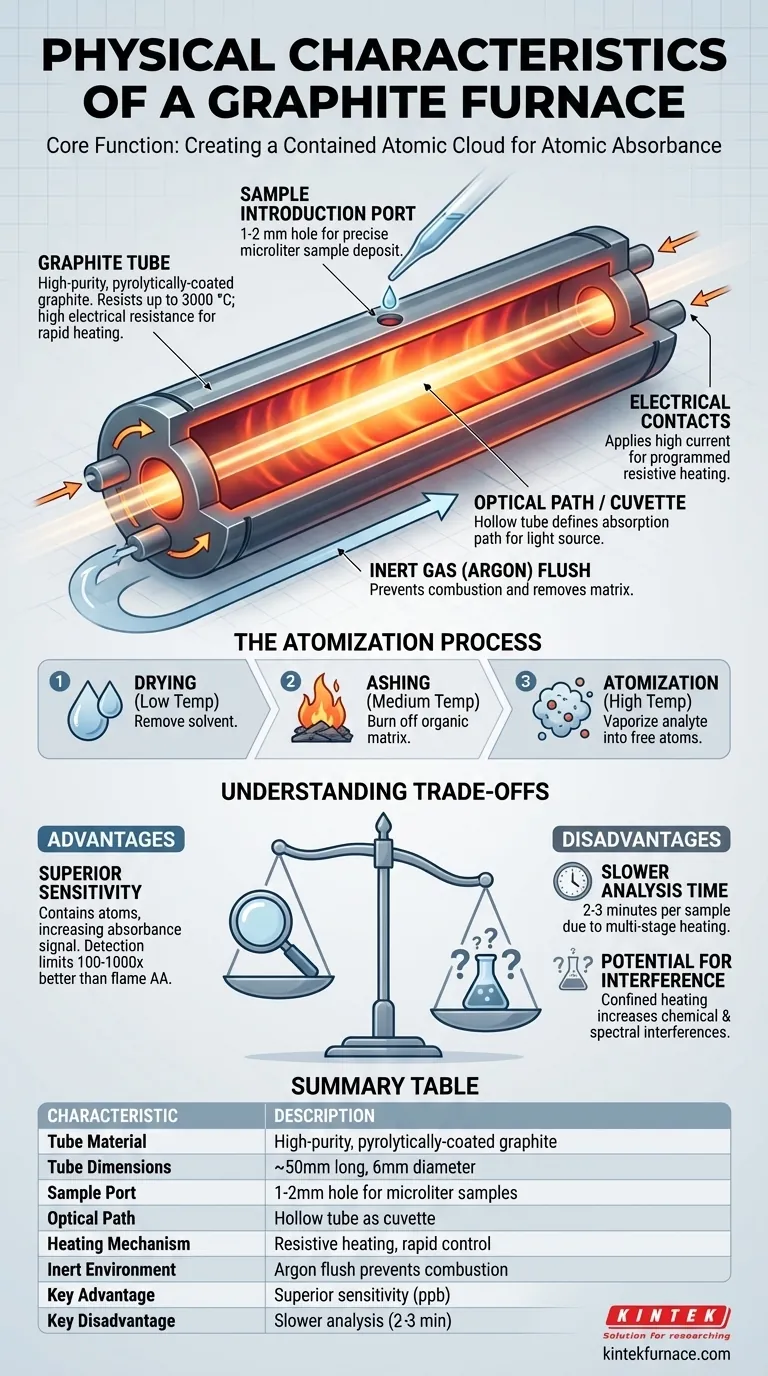 Quais são as características físicas de um forno de grafite usado em medições de absorbância atômica? Descubra Seu Design para Análise de Ultra-Traços Guia Visual