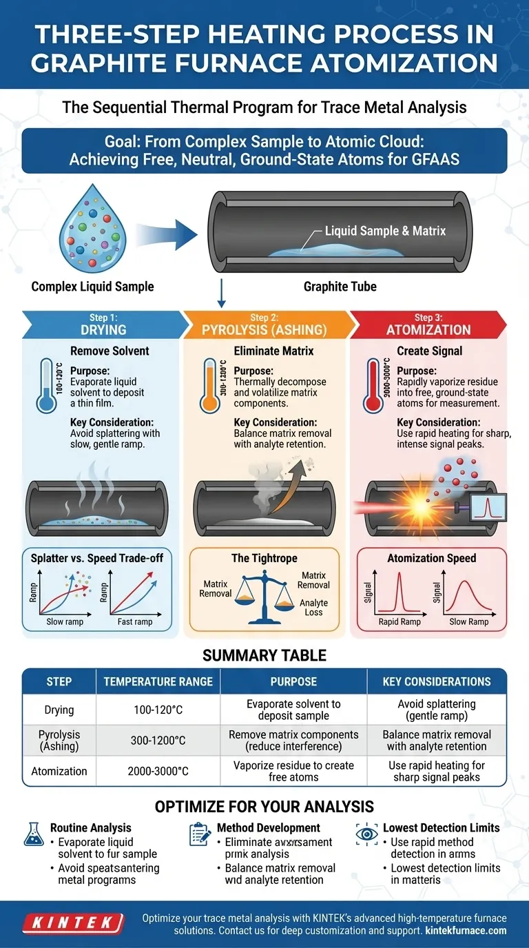 Qual é o processo de aquecimento de três etapas na atomização em forno de grafite? Domine a Análise Precisa de Metais Traços Guia Visual