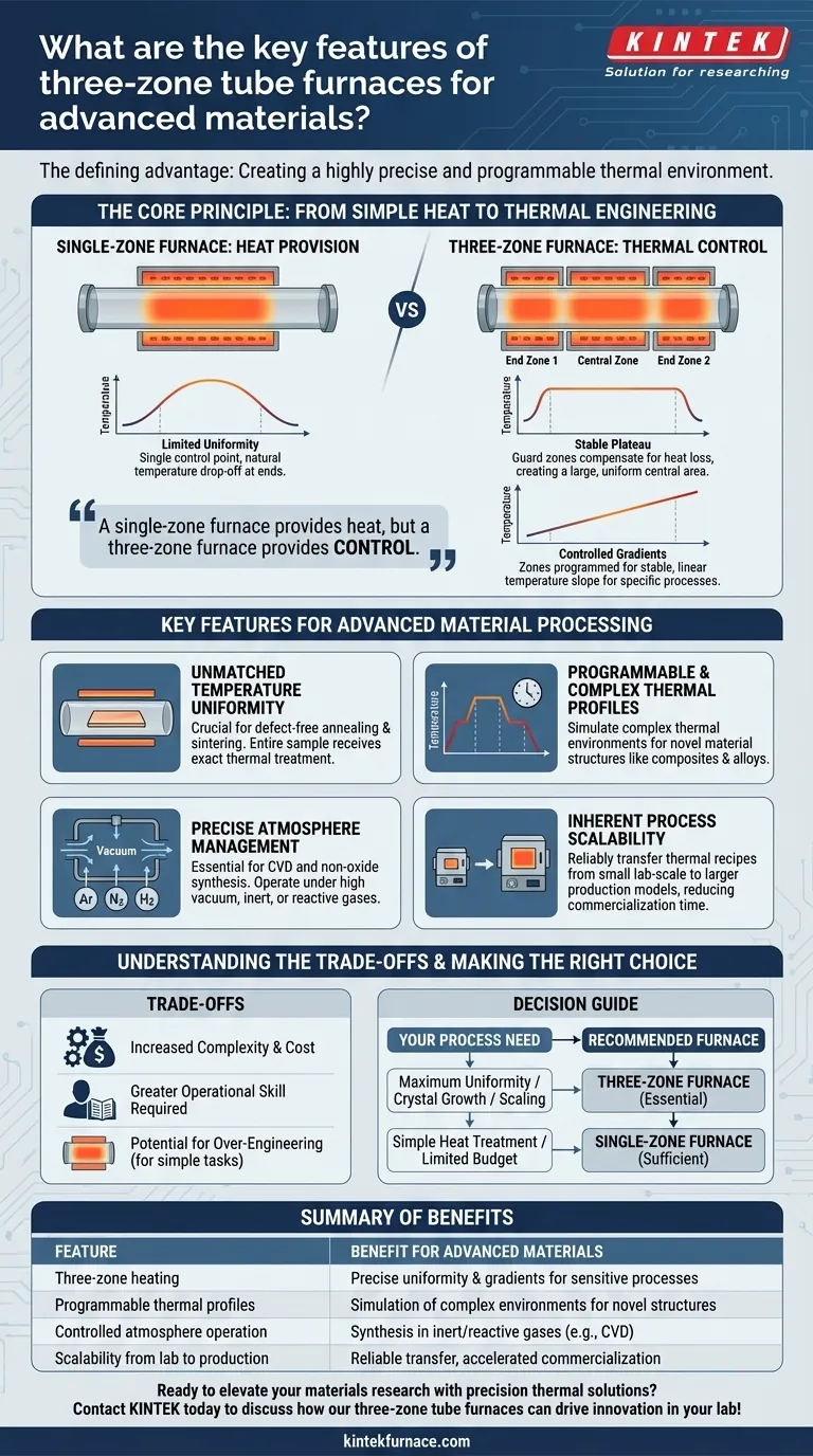 Quais são as principais características dos fornos tubulares de três zonas? Desbloqueie a precisão para o processamento avançado de materiais Guia Visual