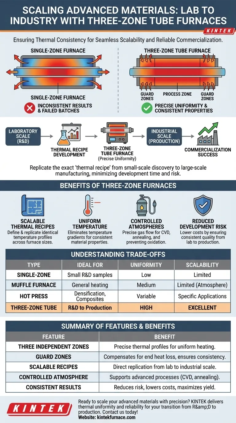 Wie unterstützen Dreizonen-Rohröfen die Skalierbarkeit? Nahtloser Übergang vom Labor zur Industrieproduktion Visuelle Anleitung