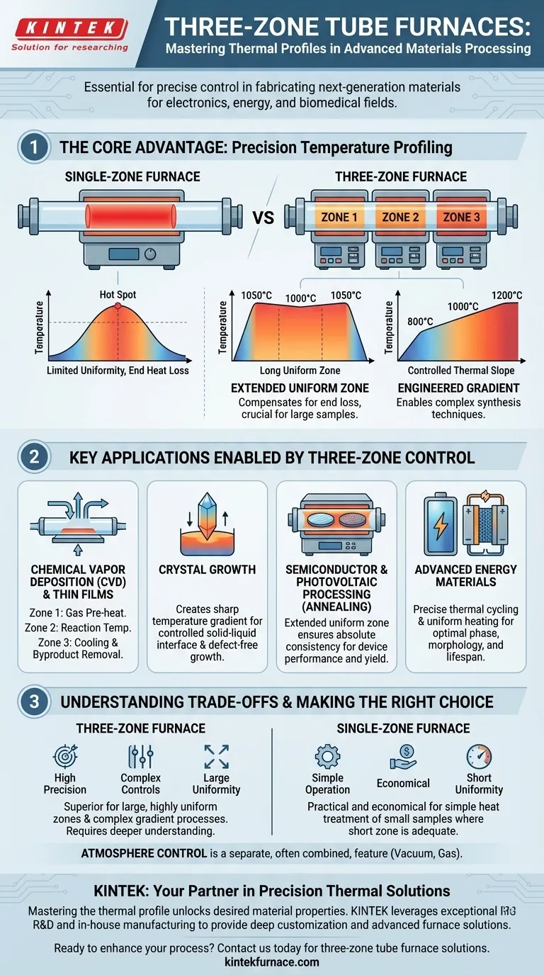 What are some examples of applications for three-zone tube furnaces in advanced materials processing? Unlock Precision Thermal Control for Your Lab Visual Guide