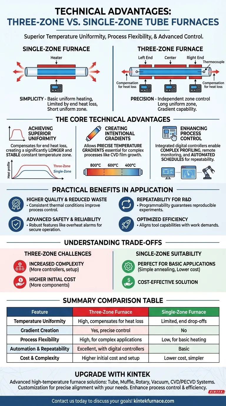 Que vantagens técnicas oferecem os fornos tubulares de três zonas? Controle de Temperatura e Flexibilidade Superiores Guia Visual