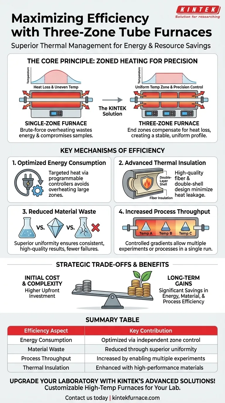 In che modo i forni a tubo a tre zone contribuiscono all'efficienza energetica e delle risorse? Migliora le prestazioni del laboratorio con il riscaldamento di precisione Guida Visiva