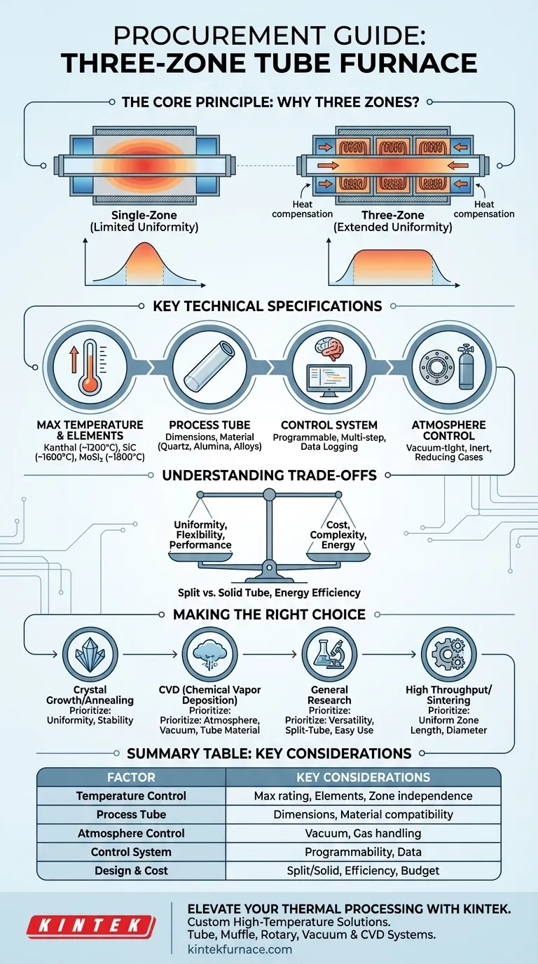 Quali fattori dovrebbero essere considerati quando si acquista un forno a tubo a tre zone? Garantire precisione e uniformità per il vostro laboratorio Guida Visiva