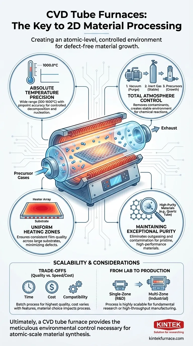 Was sind die Hauptmerkmale von CVD-Rohröfen für die 2D-Materialbearbeitung? Präzisionssynthese für überlegene Materialien freischalten Visuelle Anleitung