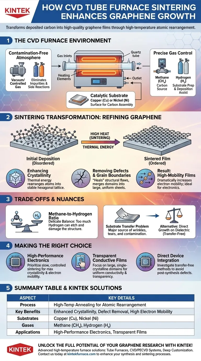 Como a sinterização em forno tubular CVD aprimora o crescimento do grafeno? Alcance Cristalinidade Superior e Alta Mobilidade Eletrônica Guia Visual