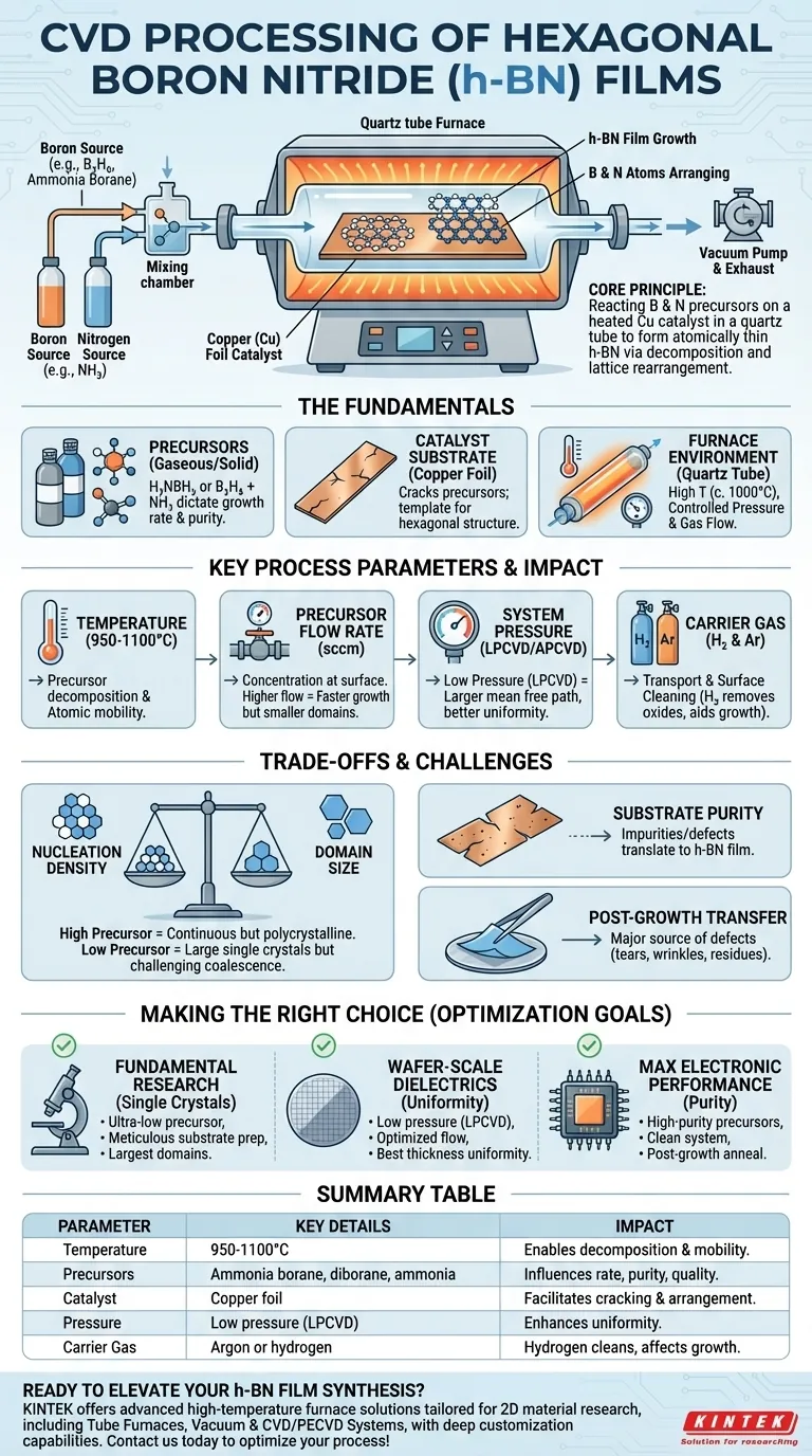 Come vengono lavorati i film di nitruro di boro esagonale (h-BN) utilizzando i forni tubolari CVD? Guida Visiva