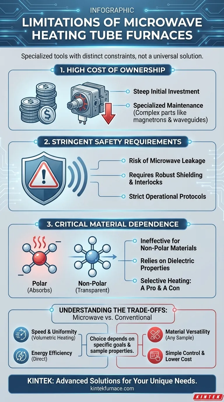 Quais são as limitações dos fornos tubulares de aquecimento por micro-ondas? Alto Custo, Segurança e Dependência do Material Guia Visual