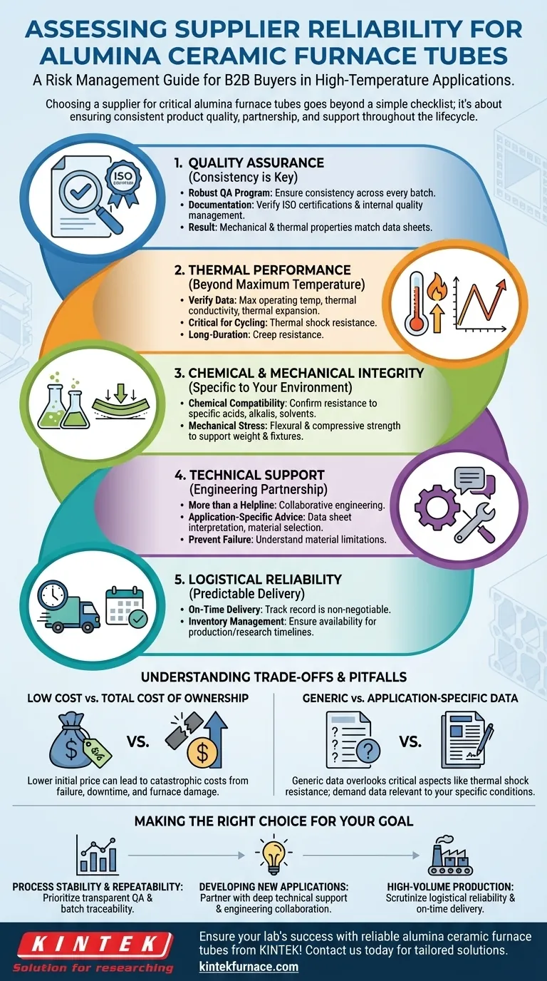 What should be evaluated when assessing supplier reliability for alumina ceramic furnace tubes? Ensure Consistent Performance and Support Visual Guide
