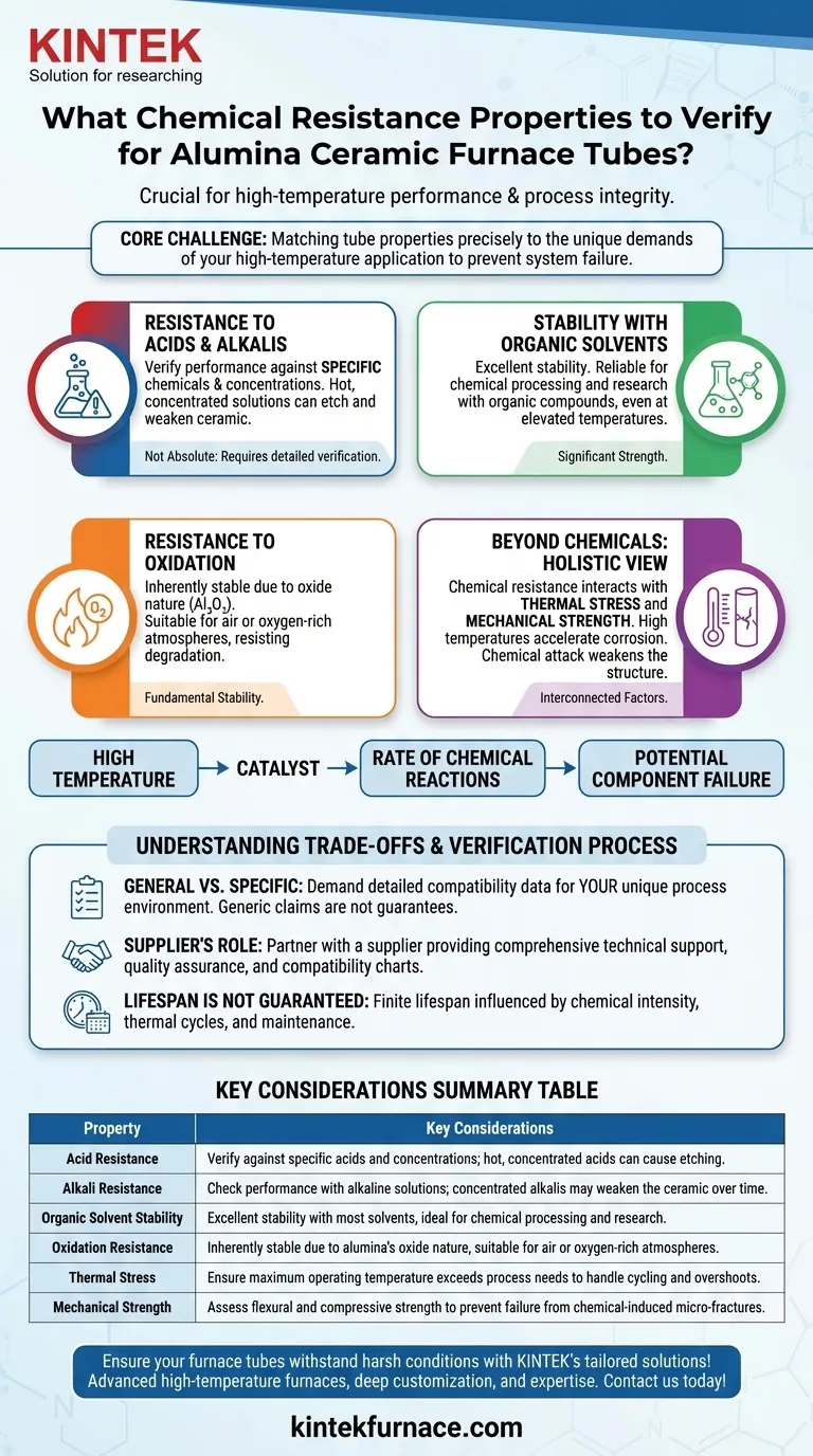 ما هي خصائص المقاومة الكيميائية التي يجب التحقق منها لأنابيب فرن السيراميك المصنوعة من الألومينا؟ ضمان المتانة في درجات الحرارة العالية دليل مرئي