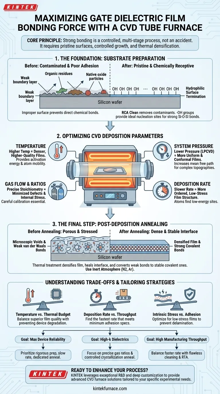 ما هي التحسينات التي يمكن إجراؤها على قوة الترابط لأغشية العازل البوابي باستخدام فرن أنبوبي للترسيب الكيميائي للبخار (CVD)؟ تعزيز الالتصاق للحصول على أجهزة موثوقة دليل مرئي
