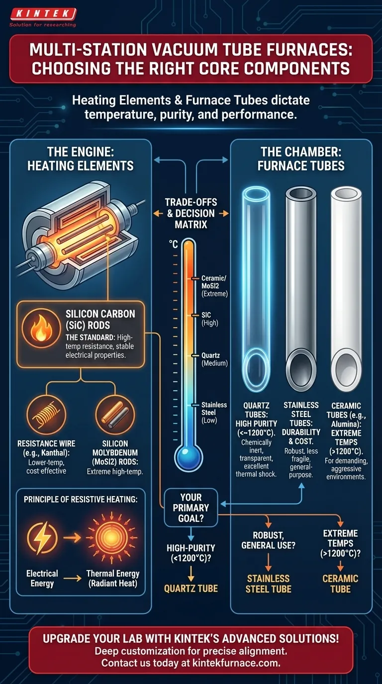 What heating element is used in a multi station vacuum tube furnace and what types of furnace tubes can be used? Optimize Your High-Temp Processes Visual Guide