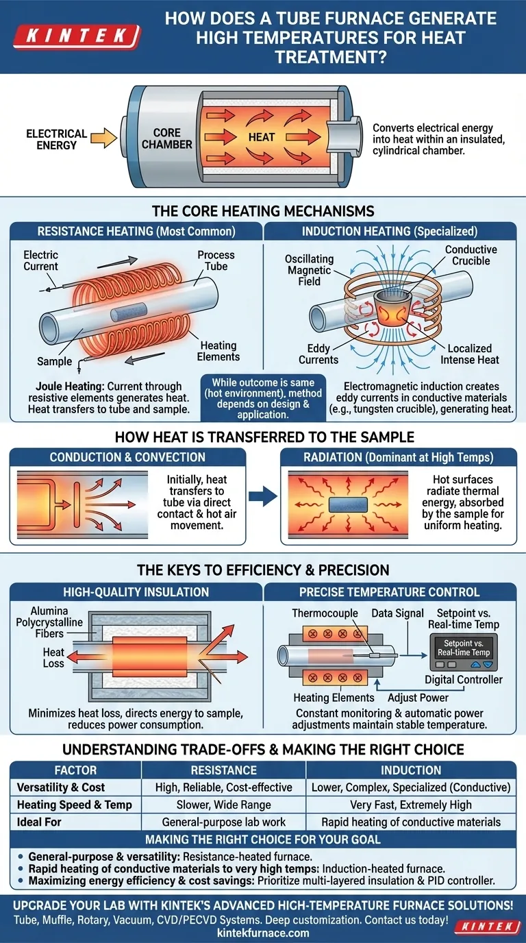 How does a tube furnace generate high temperatures for heat treatment? Discover Precision Heating Solutions Visual Guide