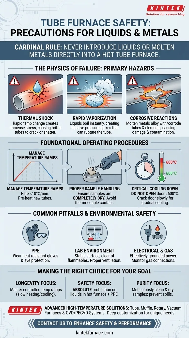 What precautions should be taken regarding liquids and metals in a tube furnace? Ensure Safety and Prevent Damage Visual Guide