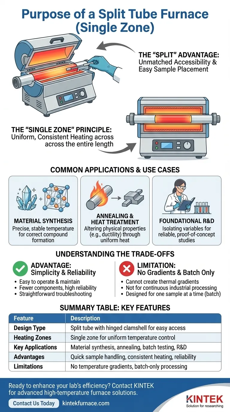 What is the purpose of a Split Tube Furnace (Single Zone)? Ideal for Easy Access and Uniform Heating Visual Guide