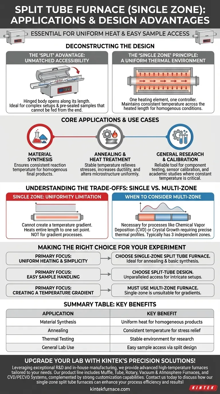 Para quais aplicações um Forno Tubular Bipartido (Zona Única) é adequado? Ideal para Aquecimento Uniforme e Acesso Fácil Guia Visual