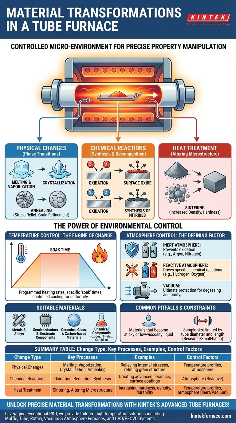 What changes occur in materials processed in a tube furnace? Discover Physical, Chemical, and Heat Treatment Transformations Visual Guide