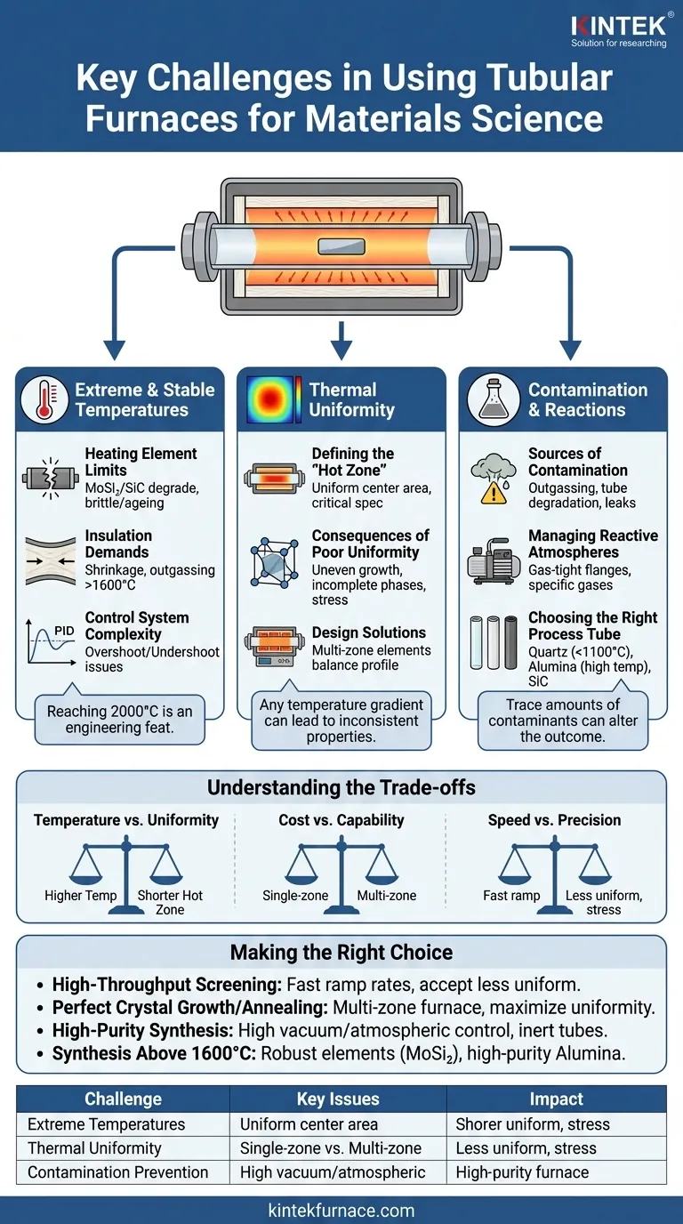 What are the key challenges in using tubular furnaces for materials science? Overcome Temperature, Uniformity, and Contamination Issues Visual Guide