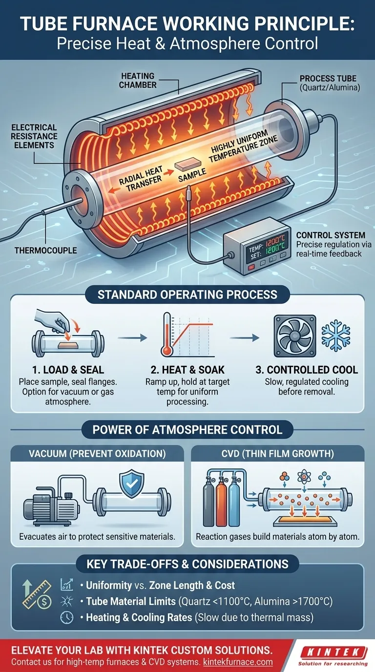 What is the basic working principle of a tube furnace? Master Precise Heating for Material Processing Visual Guide