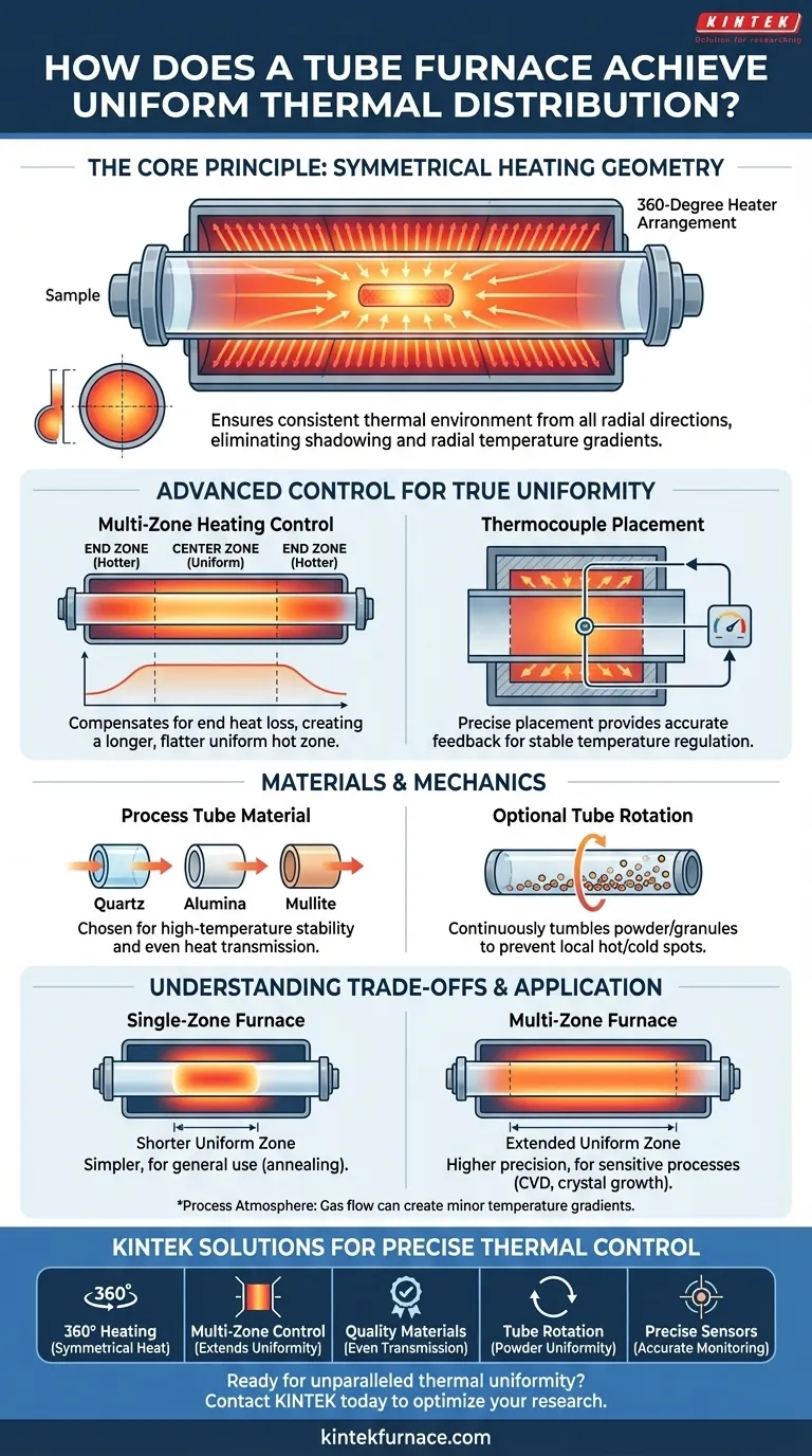 How does a tube furnace achieve uniform thermal distribution? Master Precise Heat Control for Your Lab Visual Guide