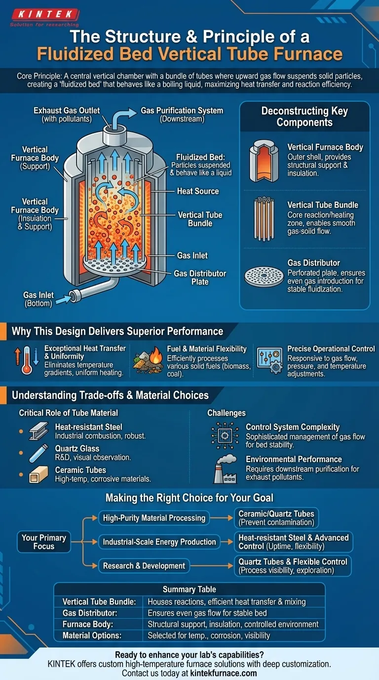 Como é projetada a estrutura de um forno de tubo vertical de leito fluidizado? Desbloqueie Transferência de Calor Eficiente e Controle de Reação Guia Visual